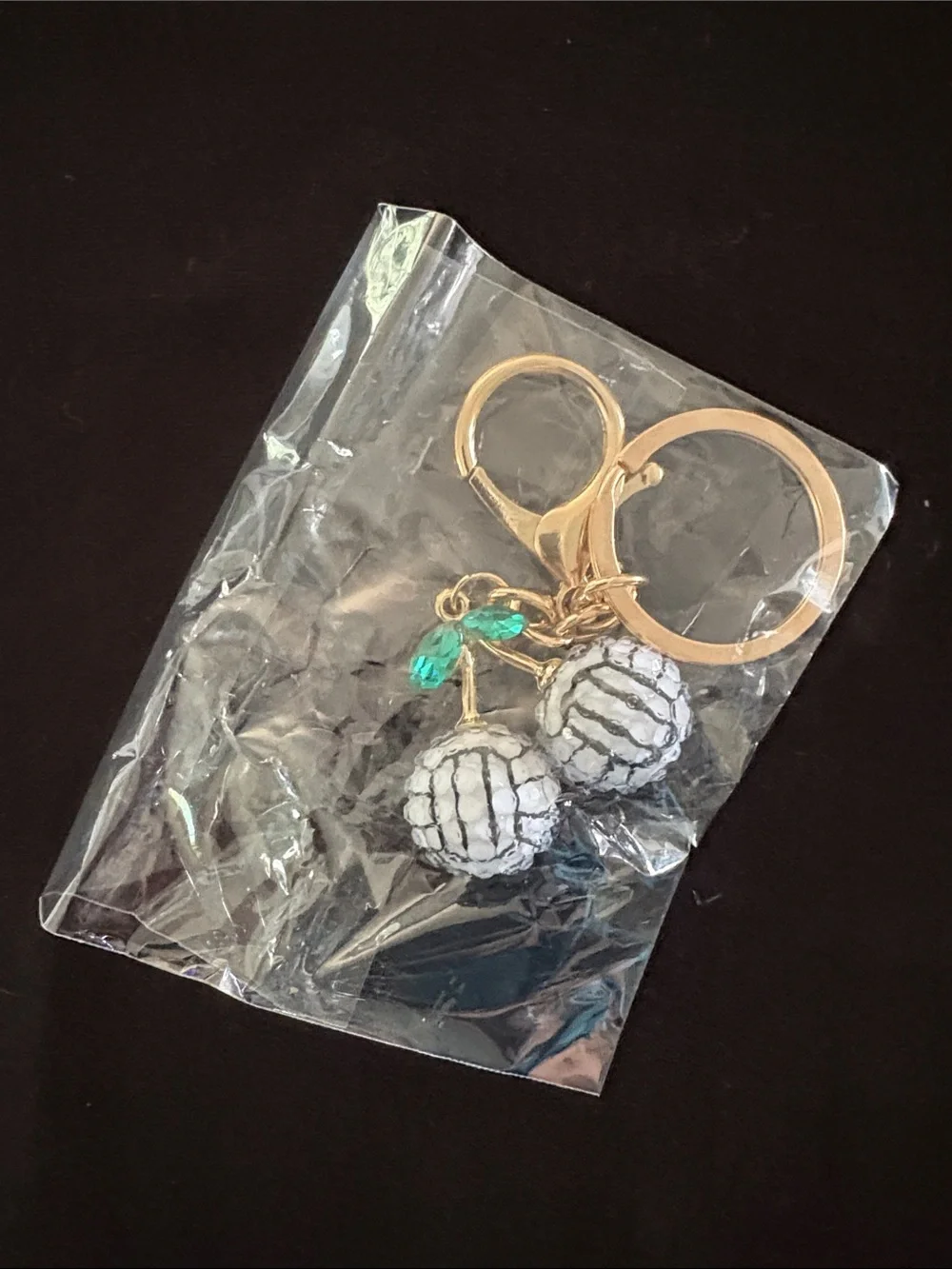 Gold Cherry Volleyball Crystal Bling Bag Charm Keychain - White & Green Accent